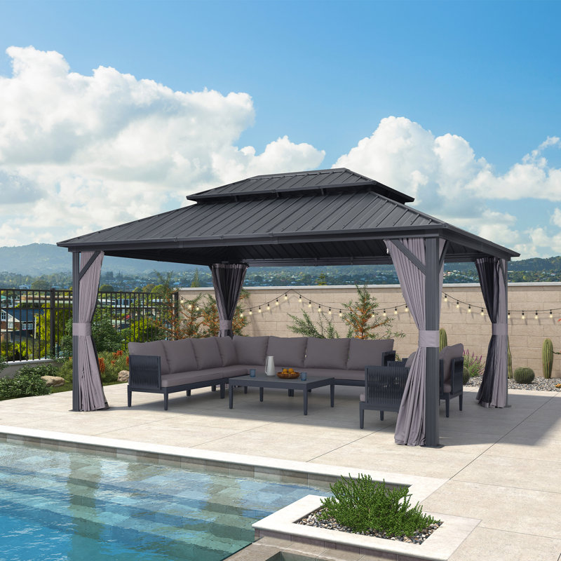 PURPLE LEAF 12' X 16' Gazebo Outdoor Aluminum Gazebo with Heavy Duty Galvanized Steel Double Roof for Patio Backyard Deck, Netting and Curtains Included, Grey