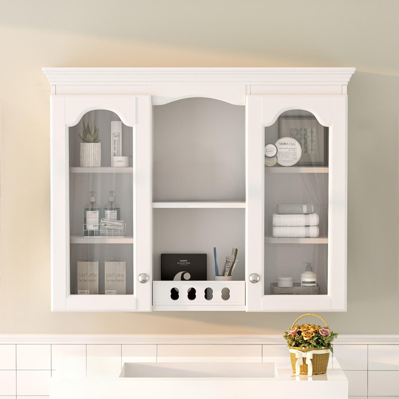 Armoire à pharmacie murale, armoire de salle de bain murale avec 2 portes en verre 