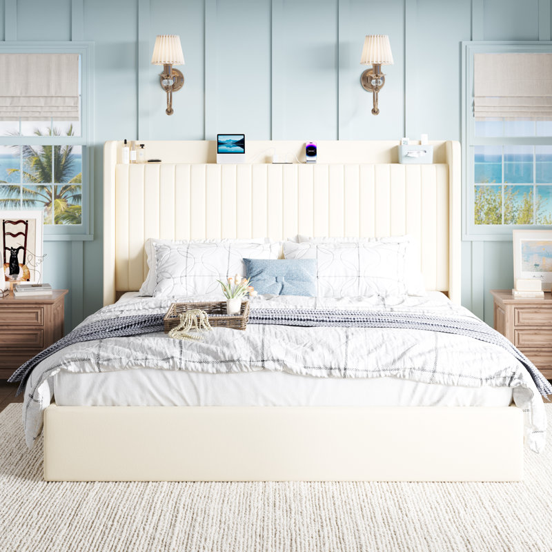 Hydraulic Lift Up Storage Upholstered Platform Bed With Shelf And Charging Station, Cream, King