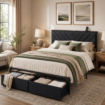 Base de lit double en métal avec station de charge, tête de lit tapissier avec tablette de rangement, 2 tiroirs roulants, rangement sous le lit, cadre de lit plateforme, aucun sommier requis, assemblage facile