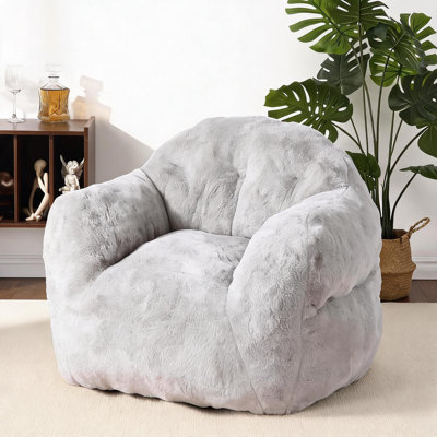 Pouf géant avec accoudoirs – Texture douce fourrure de lapin, mousse haute densité, ergonomique, confortable et résistant aux taches, canapé de sol pour adultes et enfants, salon, salle de jeux, gris pâle, 99 x 81 x 71 cm