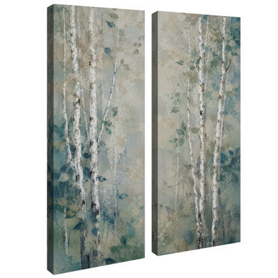 Arbres de bouleau bleu sarcelle, décoration forestière neutre – Ensemble de 2 impressions d'art encadrées sur toile 32 po x 12 po x 2 po