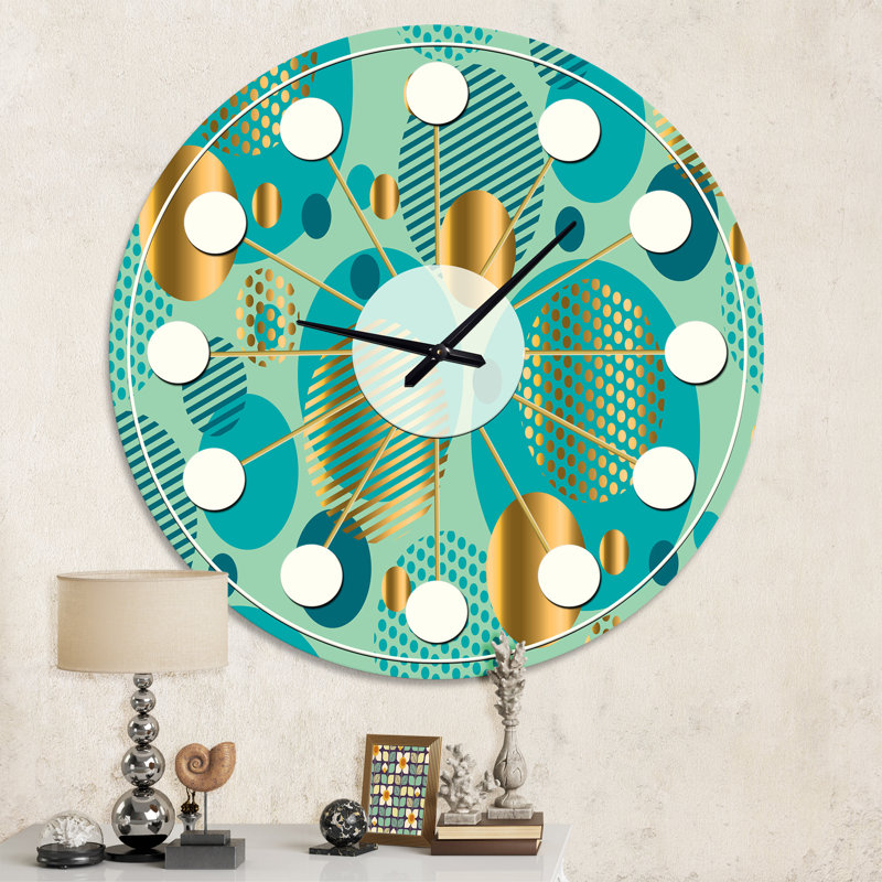 Or et bleu Dynamics II - horloge murale moderne Mid-Century, Moyenne