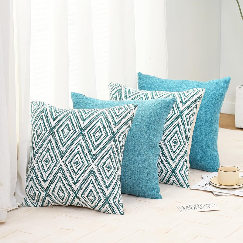 Light Blue Geometric Pattern Linen Decorative Pillow Covers, 4 Pack, For Sofa And Living Room, Light Blue