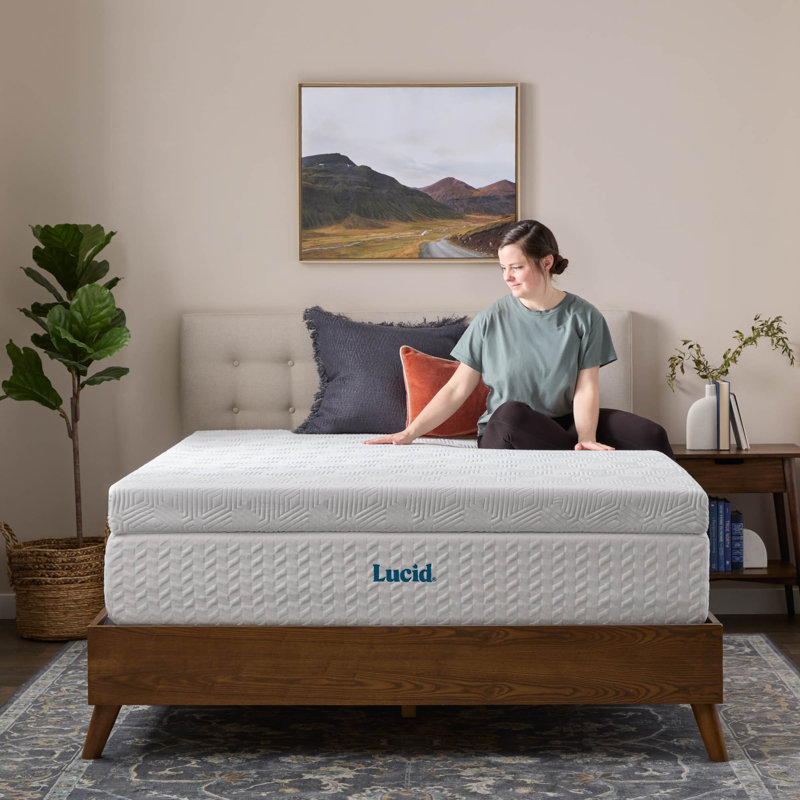 Lucid 4" Bamboo Charcoal and Gel Memory Foam Mattress Topper with cover - Queen, Queen, 4 inch