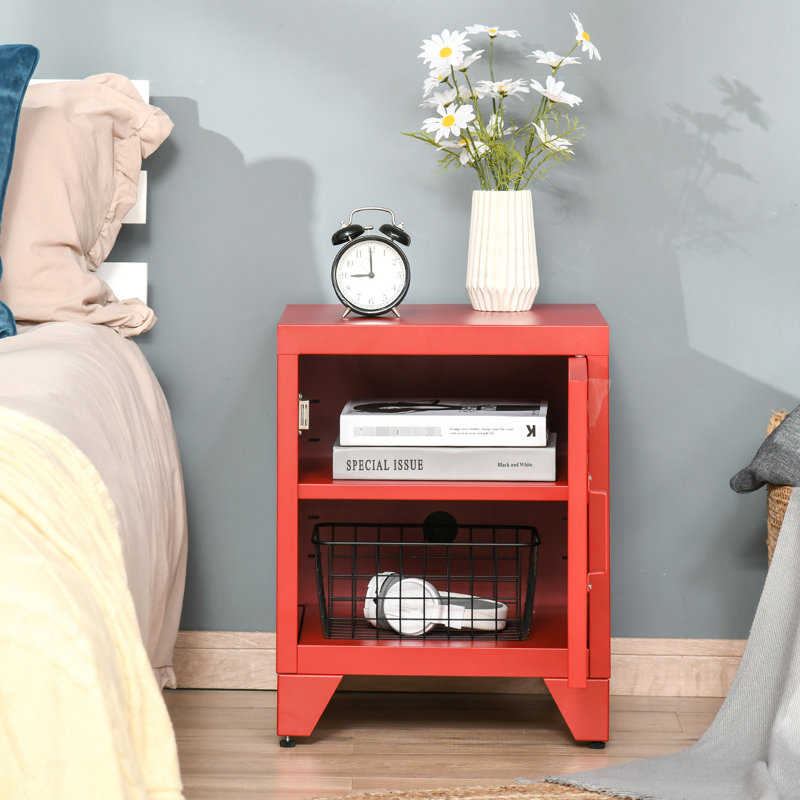 Table industrielle rouge avec tablette réglable et porte de casier, pour porte de bureau