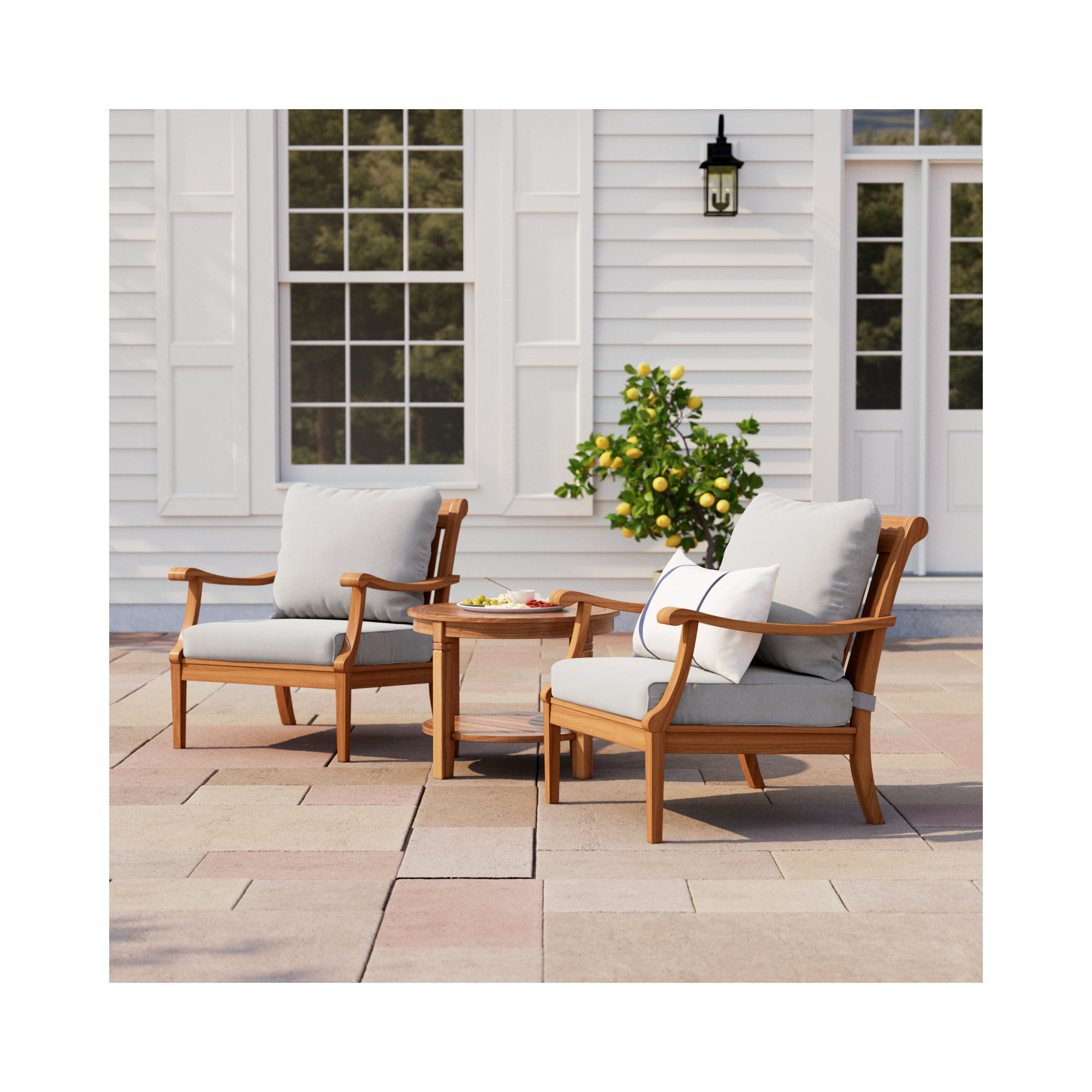 Arizona 2-Person 3-Piece Teak Patio Conversation Set with Cushions, Natural, 24"