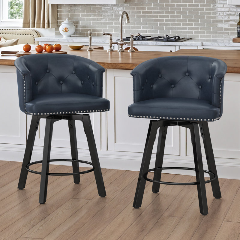 Swivel Upholstered Counter Stool With Metal Frame,, Navy Blue