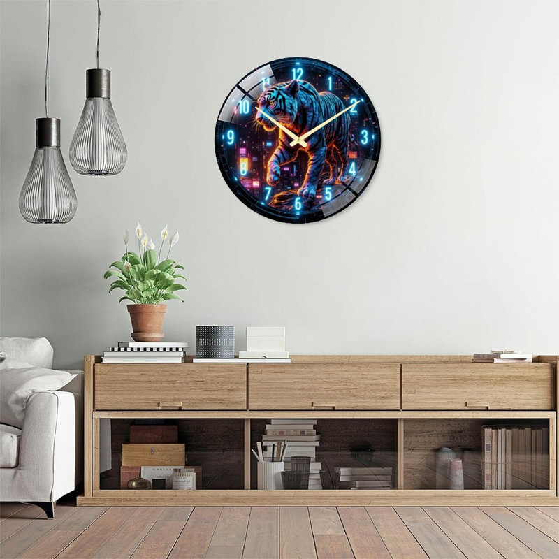 Neon Tiger Clock Art - 24‘’ Modern Glass Wall Clock