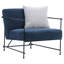 Sevilla Denim Linen Upholstered Chair Black Iron Frame and Sky Blue Throw Pillow