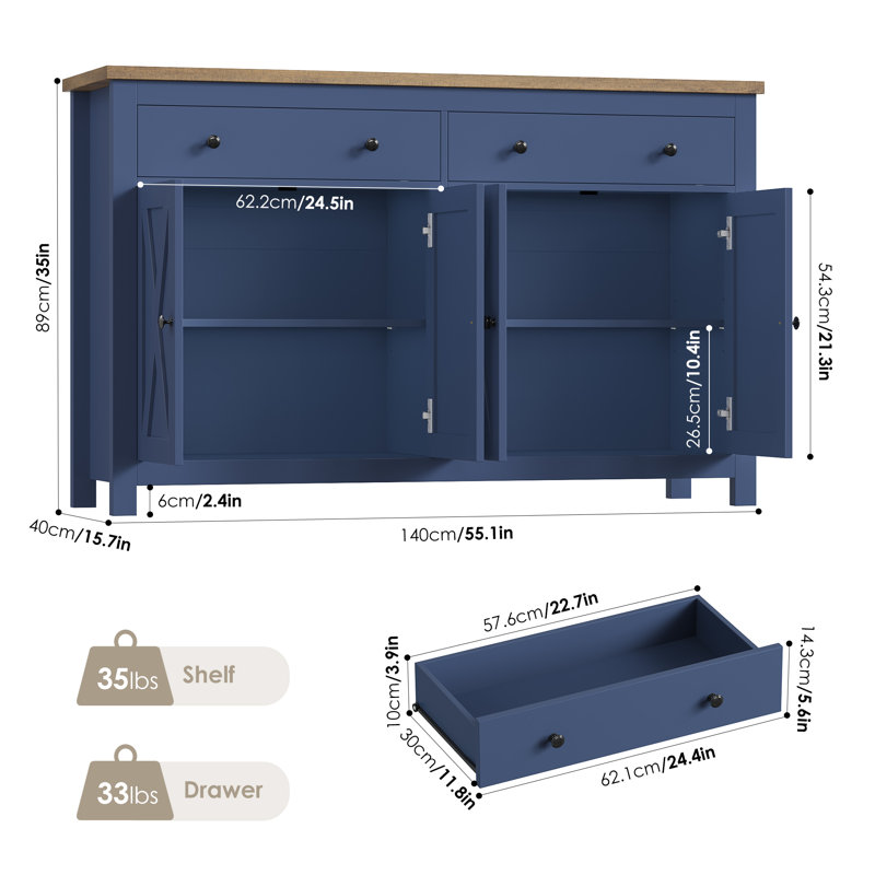 55.1'' Wide 2 Drawer Sideboard, Blue/Brown