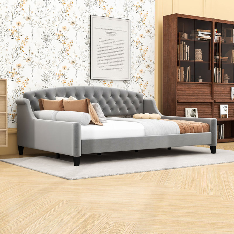 Full Size Tufted Upholstered Daybed with Slats, Grey