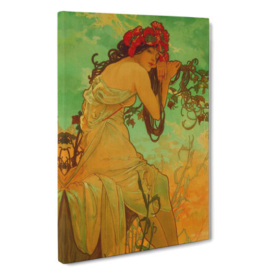 Lady With Flowers In Her Hair by Alphonse Mucha - Wrapped Canvas Print