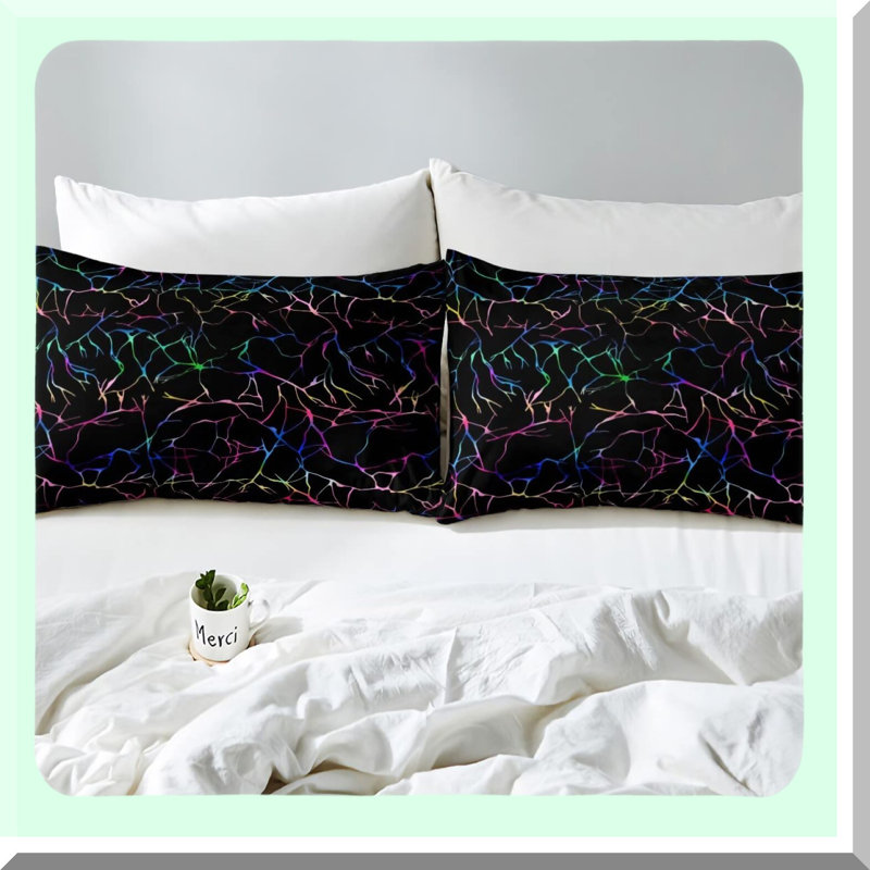 Iridescent Marble Glow Bedding Set - Multicolor Metallic Sheets, Gradient Glitter Fitted Sheet, Colorful Marble Home Decor - Queen Size