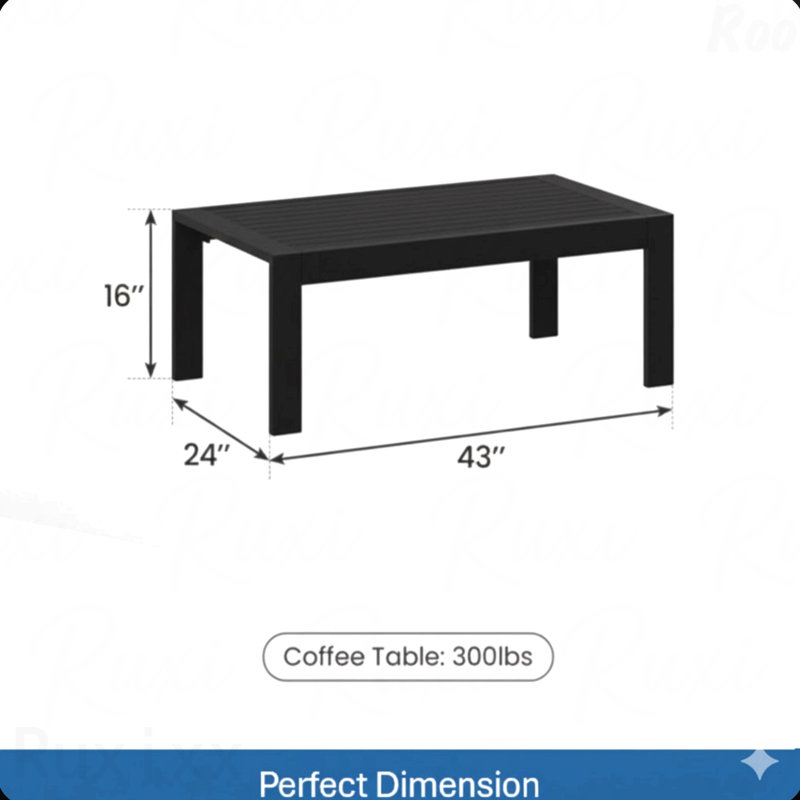43" X 24" All-Weather Metal Outdoor Coffee Table With Wood-Look Top And Black Frame, Black
