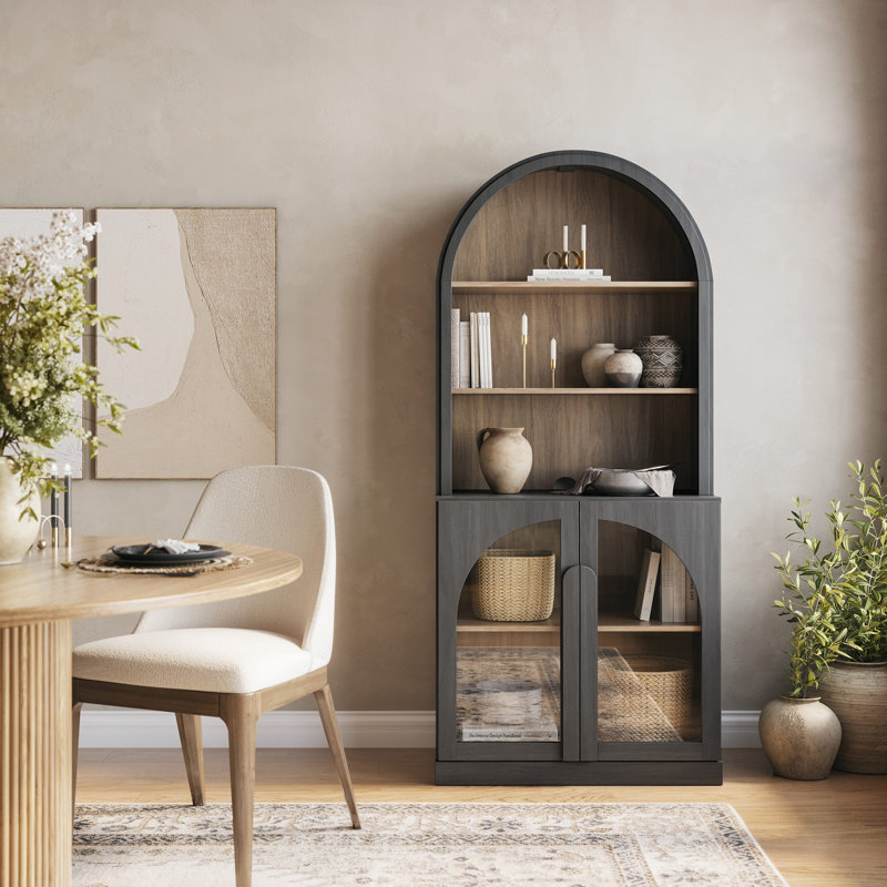 Bibliothèque 71 po de hauteur avec portes en verre, ébène, Ébène