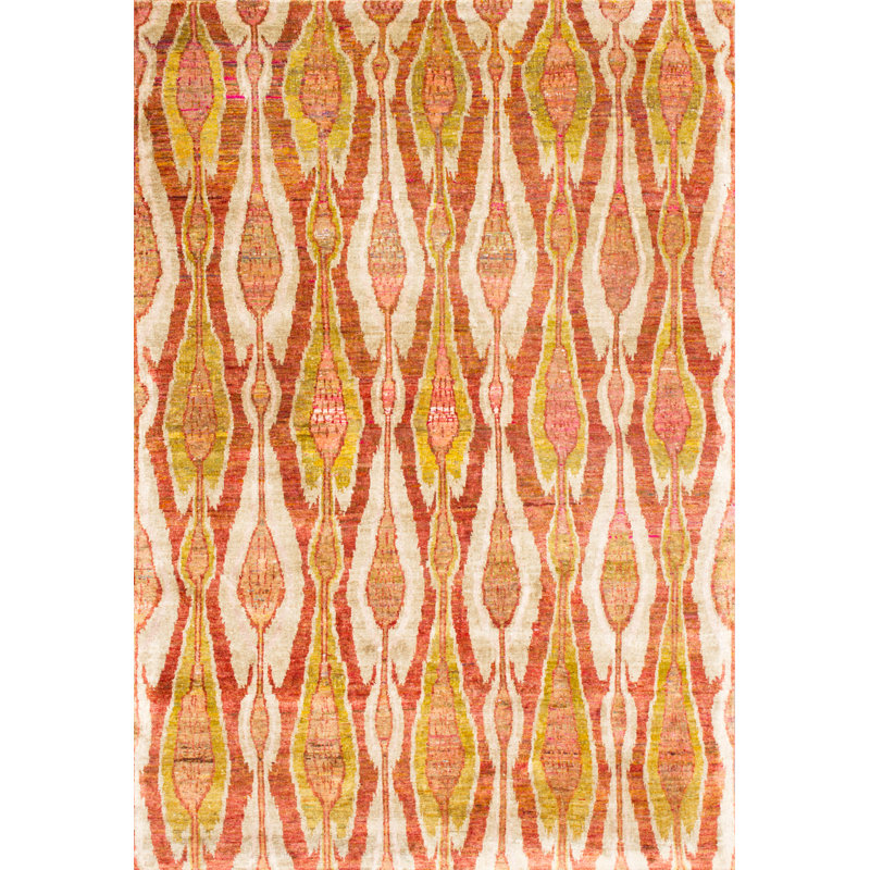 Rumi Ikat Hand-Knotted Silk Orange/Cream/Cinnabar Area Rug