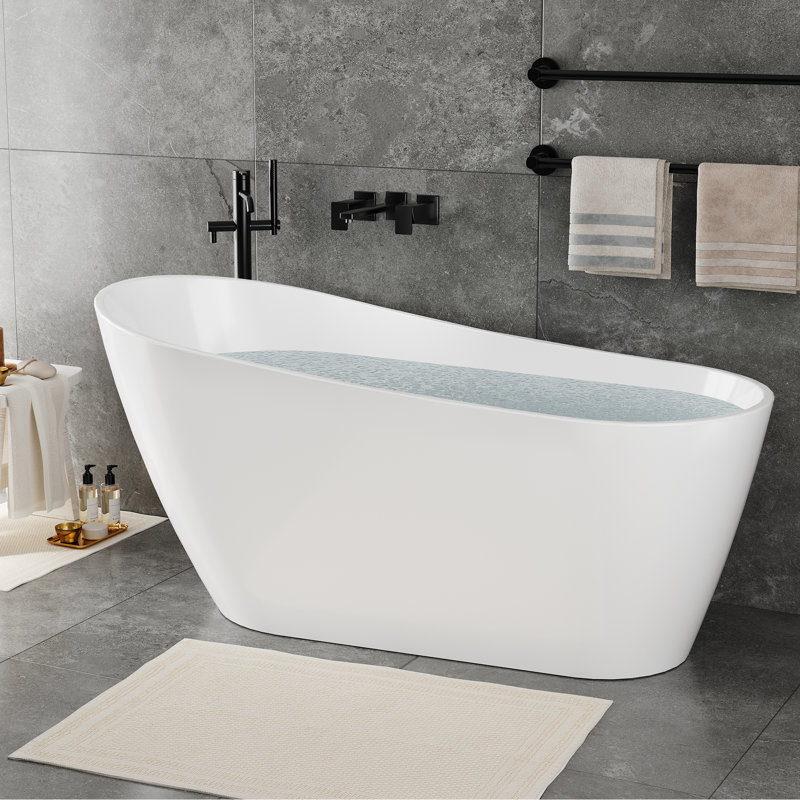 Freestanding Acrylic Soaking Tub with Pop-Up Drain & Overflow - Stand Alone Tub for Bathroom, Natural White