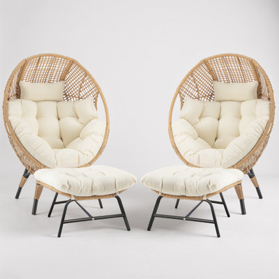 Bagryana 2-Piece Outdoor Wicker Egg Chair Set with Ottomans and Cushions
