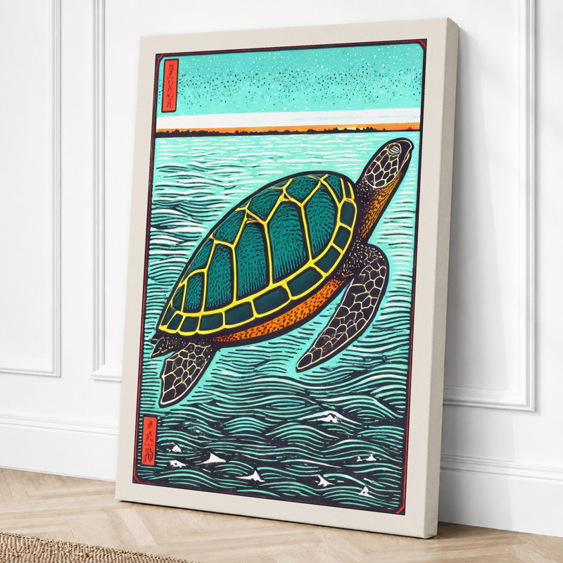 Turtle in Open Water Japandi 1 Piece Wrapped Canvas Wall Art, 30x20 - 76.2 x 50.8 cm, Cream Border