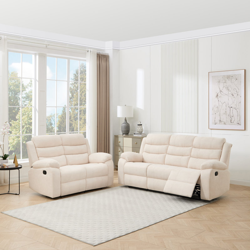 2 Piece Linen Reclining Living Room Set, 5 Seater, Beige