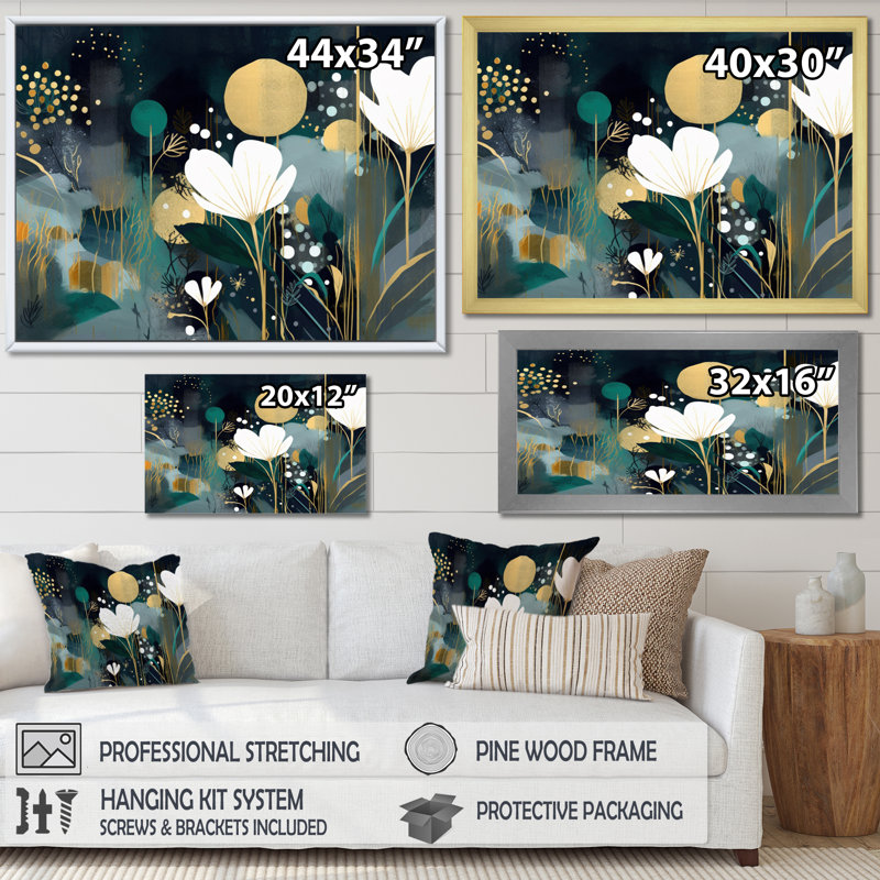Plantes blanches bleu sarcelle dans le chaos II - art mural floral, Cadre flottant noir, H 34 po x l 44 po x P 1,5 po