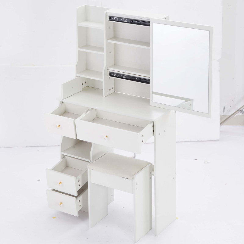 Tabouret de table de meuble-lavabo 29,2 po avec petit tiroir à gauche, très grand miroir coulissant à droite, rangement multi-couches à grande capacité, commode pratique