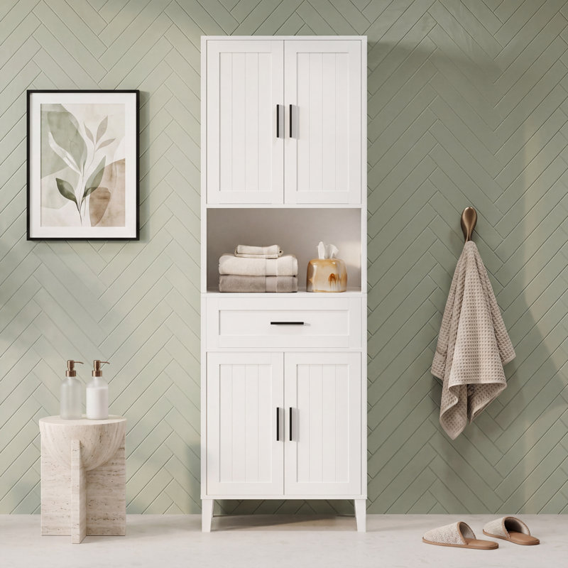 Grande armoire autoportante de 70,9 po de hauteur avec 1 tiroir, 2 armoires, 4 portes à fermeture en douceur, 2 tablettes réglables et rangement ouvert, armoire de rangement polyvalente pour salle de bain