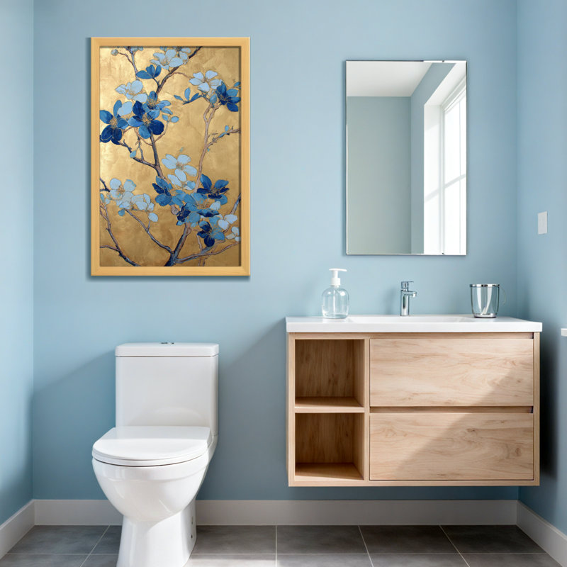 Plantes et fleurs fleurs bleues sur fond doré, H 36 po x l 24 po, Toile tendue, Ne s’applique pas