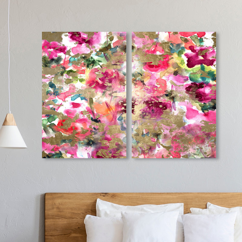 «Wilderness Diptych», motif floral glam rose - 2 pièces, peinture sur toile, H 36 po x l 48 po x P 1,5 po
