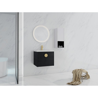 Bathroom Vanity With Ceramic Sink And Side Shelf - 24" Black Chestnut Style Unit
