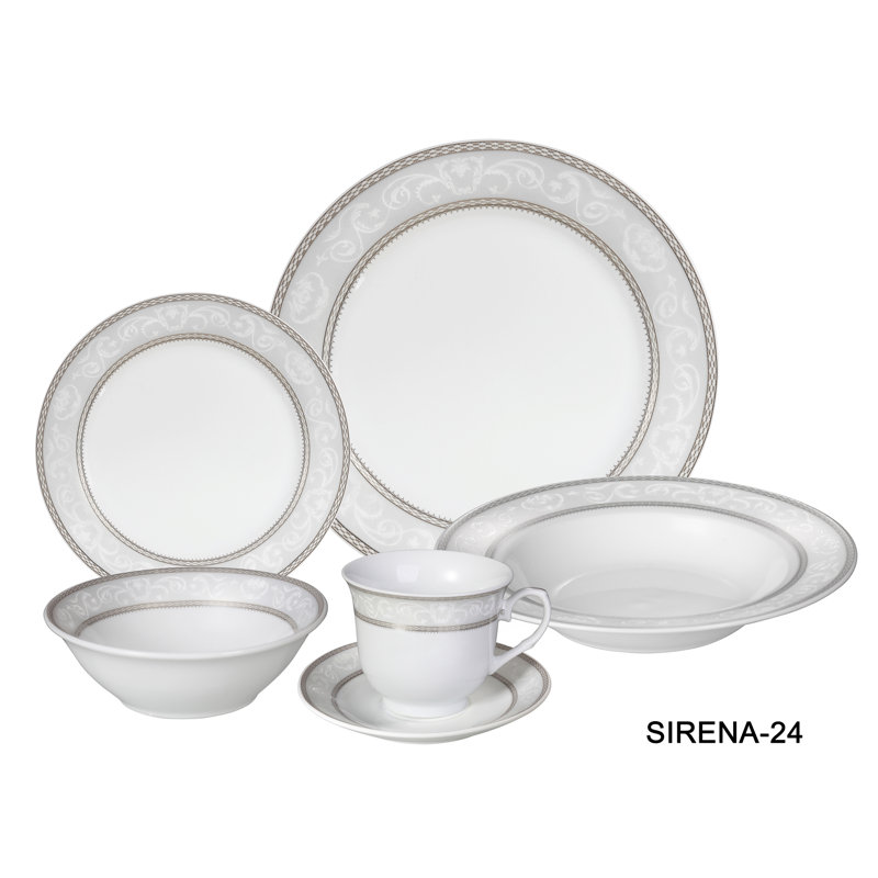 Silver Floral Porcelain 24-Piece Dinnerware Set, Service for 4