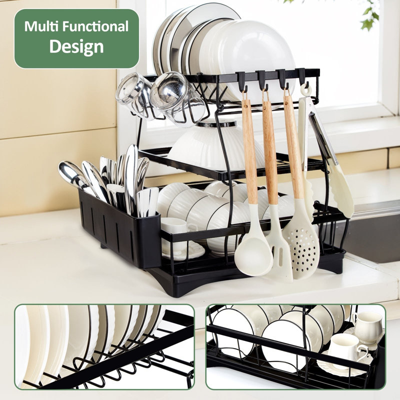 3-Tier Black Metal Dish Drying Rack with Utensil Cup