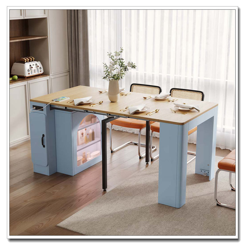 Table de salle à manger extensible avec 3 rallonges amovibles, lumière DEL et prise de courant, Bleu gris