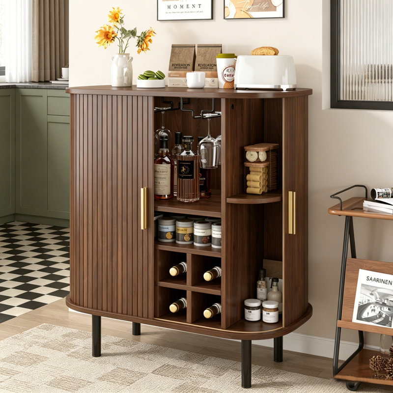 Fluted Wine Bar Cabinet With 8-Grid Wine Rack, 5-Level Adjustable Shelves, 2 Glass Holders, And Hidden Storage, Modern Liquor Coffee Station