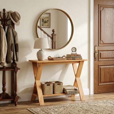 Durable 35 Inch Solid Teak Wood Console Table With Storage Shelf For Entryway Living Room Use