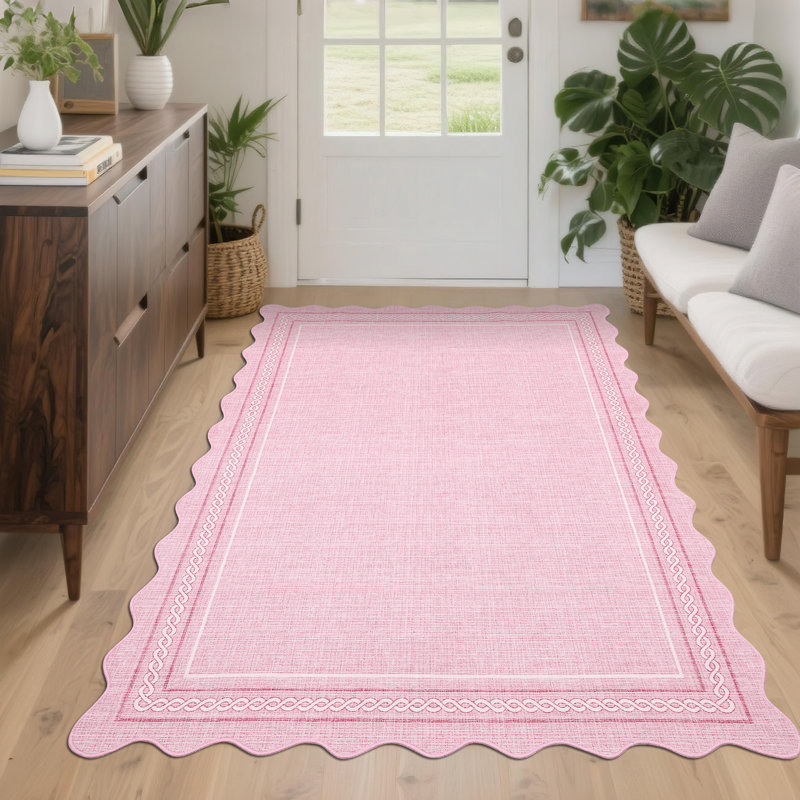 Area Rug Scalloped Washable Rug Non Slip BackingStain Resistant Rugs for Living Room Bedroom Dining Room Nursery, Pink