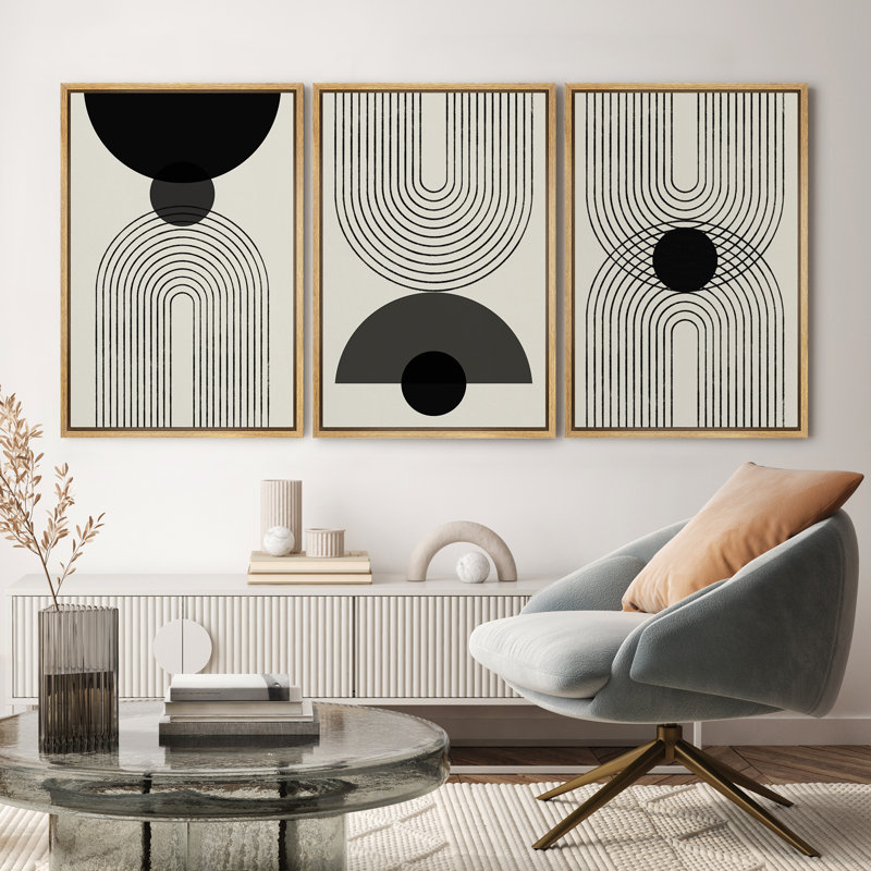 Mid-Century Modern Black And White Minimalist Abstract Home Decor Framed Wall Art Work Canvas Print, 36" H x 24" W, Brown