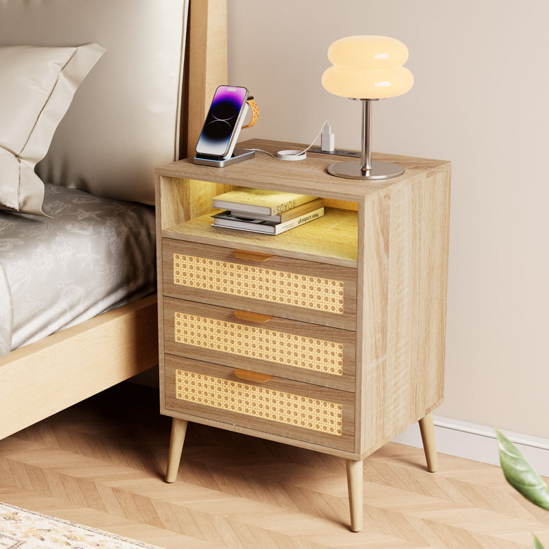 Table de chevet 3 tiroirs en rotin avec lumière DEL et prise de recharge, Individuel