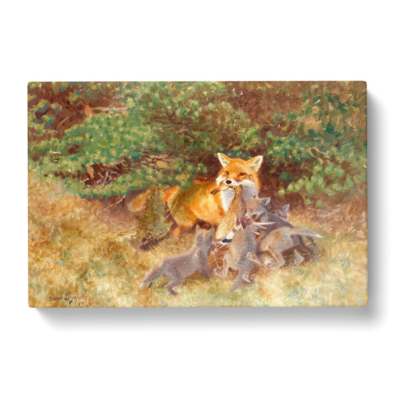 Fox And Cubs by Bruno Liljefors - Wrapped Canvas Painting, 50cm H x 76cm W x 3cm D