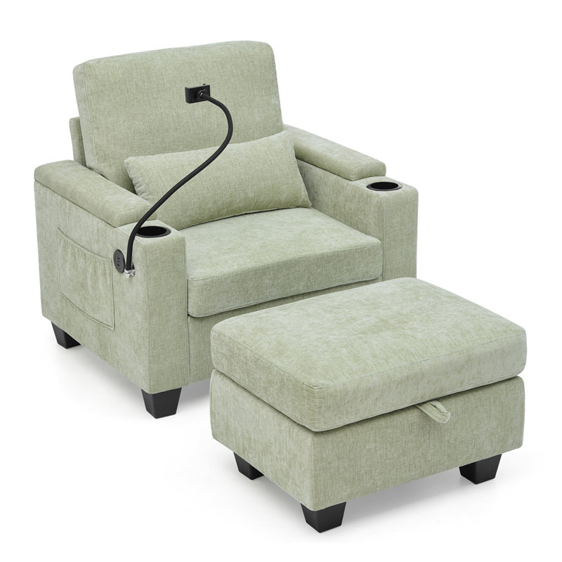 Single sofa recliner with manually adjustable backrest, USB charging port on the armrest side, phone stand included, hidden armrest storage, and a matching storage ottoman