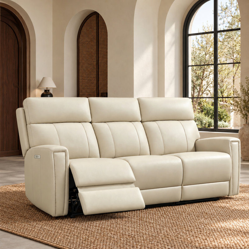 Rumalda 82" Genuine Leather Power Zero Gravity Reclining Couch with USB&USB-C Port, Beige Genuine Leather