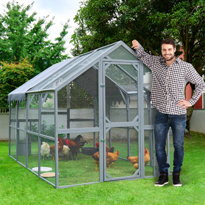 Grande enceinte extérieure pour chaton de 110 po avec housse imperméable grise, conception à accès facile pour le nettoyage, petite sortie à deux levées, filet galvanisé, place pour animaux de compagnie amovible de 56,54 pi²