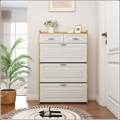Armoire à chaussures moderne blanche et chêne avec 3 portes et 2 tiroirs, grande capacité de rangement pour la vie organisée