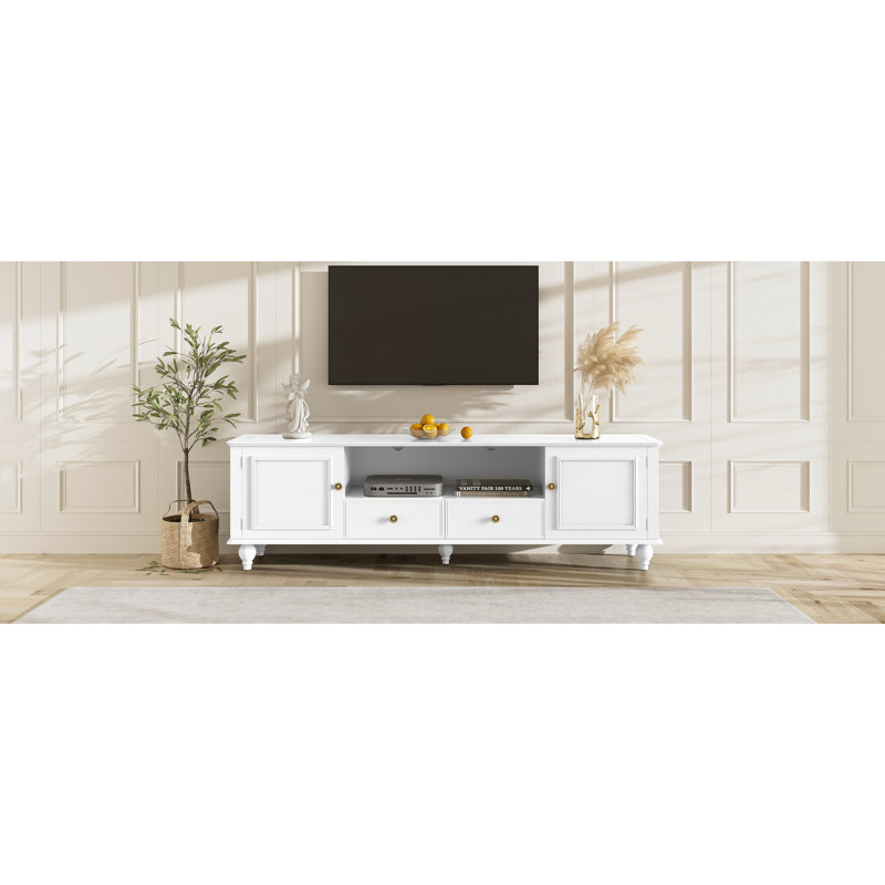 Meuble télé moderne de 80 pouces avec 2 tiroirs, 5 armoires, 5 pieds pleins et un compartiment ouvert pour les besoins d'installation de la maison