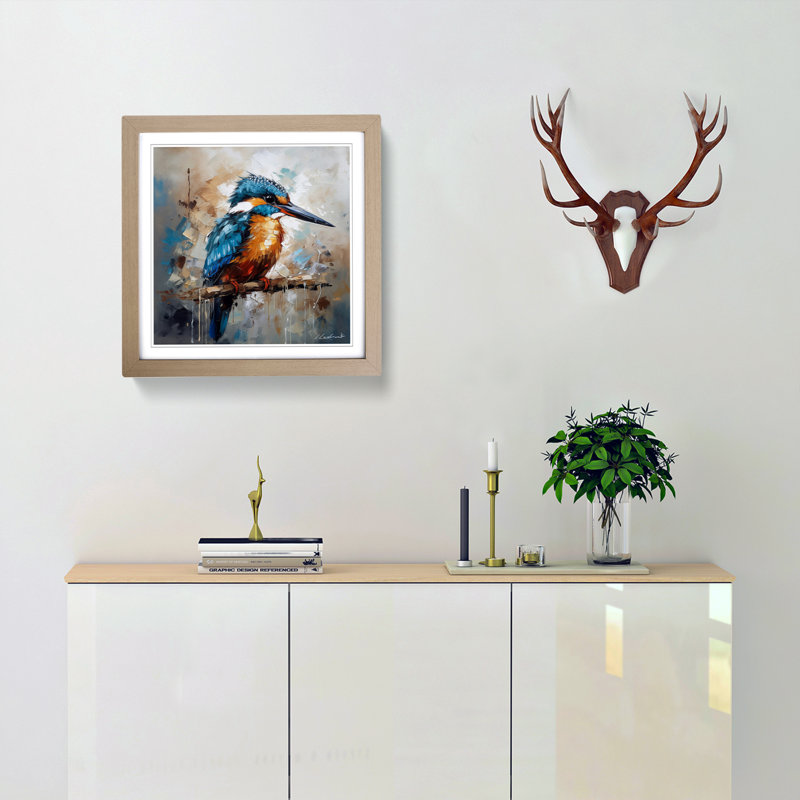 Kingfisher Expressionism No.1 - Single Picture Frame Print on Wood, Oak