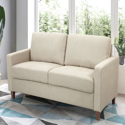 Canapé 2 places de style Mid-Century moderne, canapé rembourré en tissu avec coussin en mousse haute densité et pieds en bois amovibles pour le salon