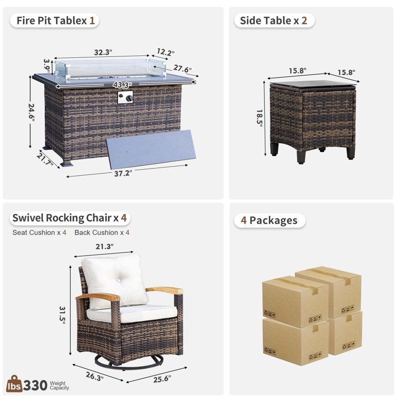  7 Pieces Patio Furniture Sets With Fire Pit Table, Wicker Outdoor Conversation Sets With 4 Swivel Rocker Chairs And Side Table(Grey)