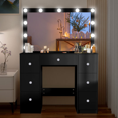 Ensemble de meuble-lavabo noir avec miroir lumineux à DEL, ensemble de meuble-lavabo 7 tiroirs pour la chambre à coucher