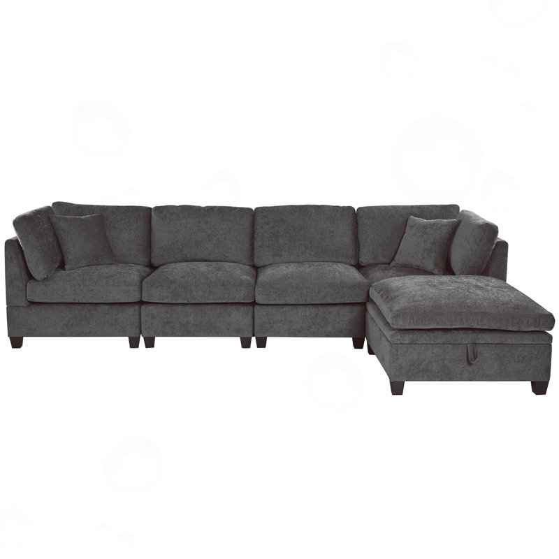 Modular Sofa with Removable Storage Ottoman, 2 hidden cup holders, Gray Polyester Blend